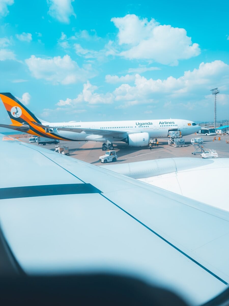 A view of the wing of an airplane from inside the plane